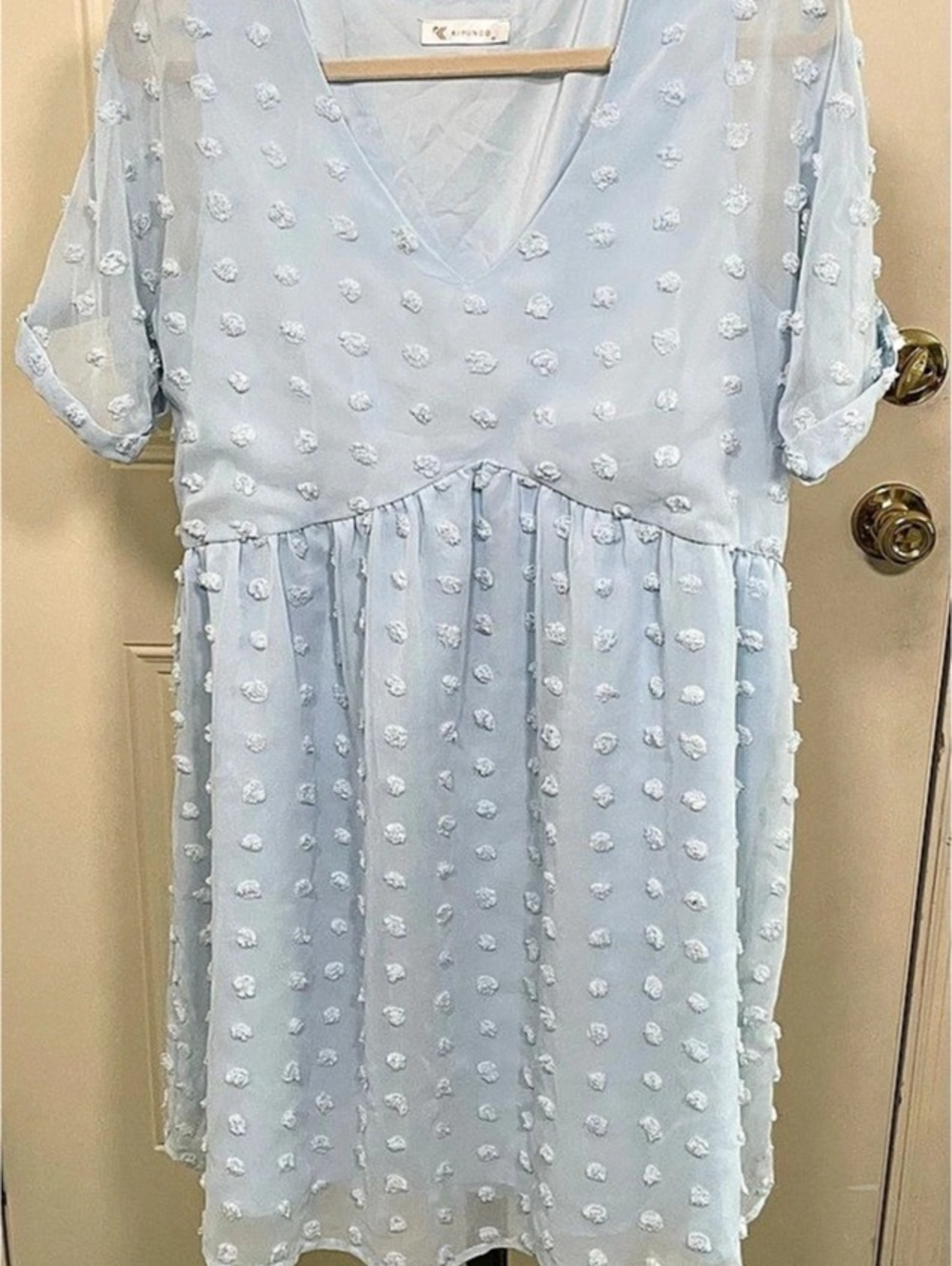 Kirundo Women's V-Neck Short Sleeve Swiss Dot Babydoll Dress Blue